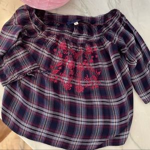 Dry Goods Blue Rain off the shoulder blouse sz M